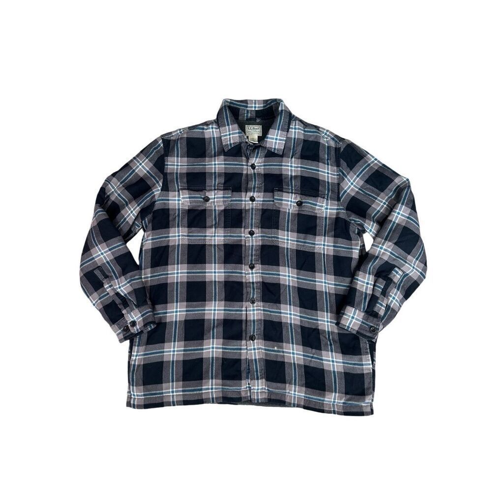 L.L. Bean Men’s L Fleece-Lined Flannel Shirt Traditional Fit Plaid Shacket Black